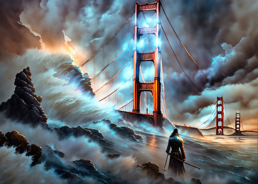 Figure standing before Golden Gate Bridge in surreal, apocalyptic scene