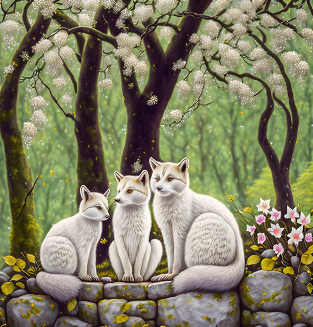 Three White Foxes Among Flowering Trees and Plants with Detailed Blossoms and Leaves