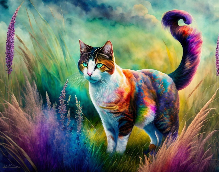 Vibrant rainbow-hued cat in lush field with pastel sky