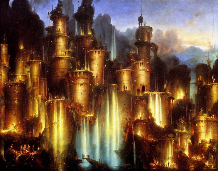 Fantastical painting of elaborate city with towering spires and waterfalls