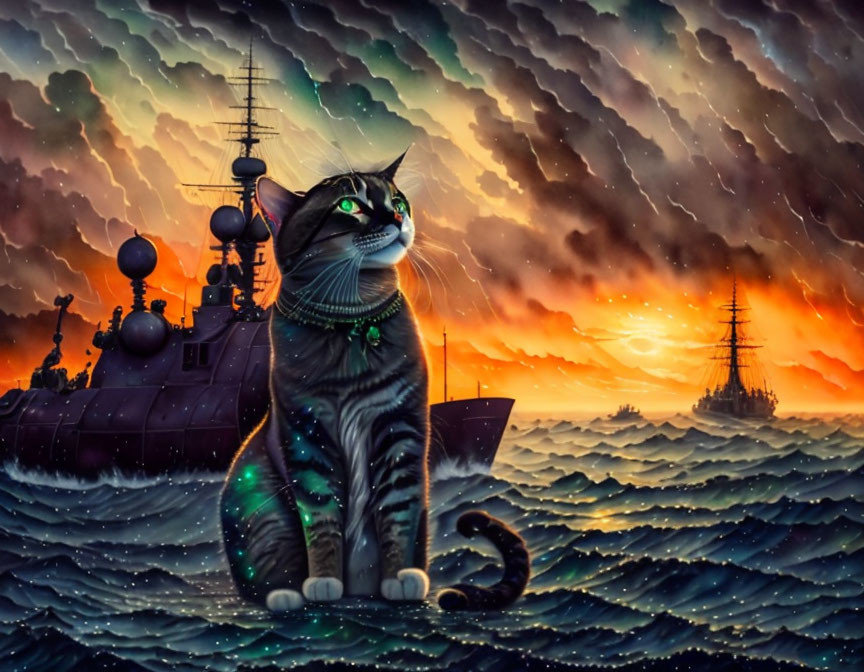 Giant cat digital artwork with warships in ocean sunset.