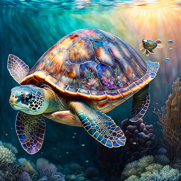 Vibrant sea turtle and fish by sunlit coral reef in ocean