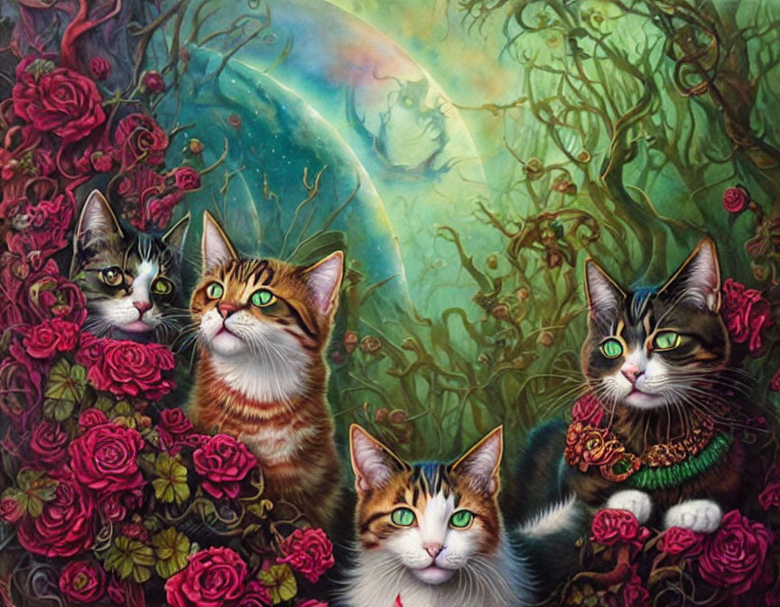 Whimsical cats with vibrant roses in dreamlike setting