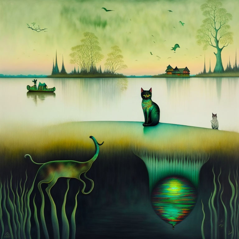 Surreal painting featuring cats, boat, trees, birds, and misty water with underwater elements