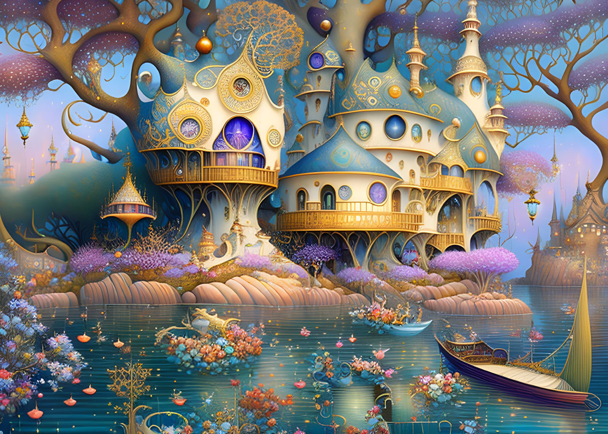 Fantastical treehouse illustration with ornate architecture in magical setting