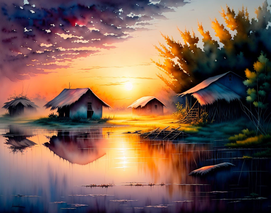 Vibrant sunset reflected in calm lake with silhouetted huts and trees