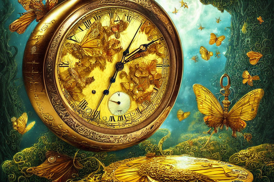 Elaborately designed golden pocket watch with butterflies on turquoise backdrop