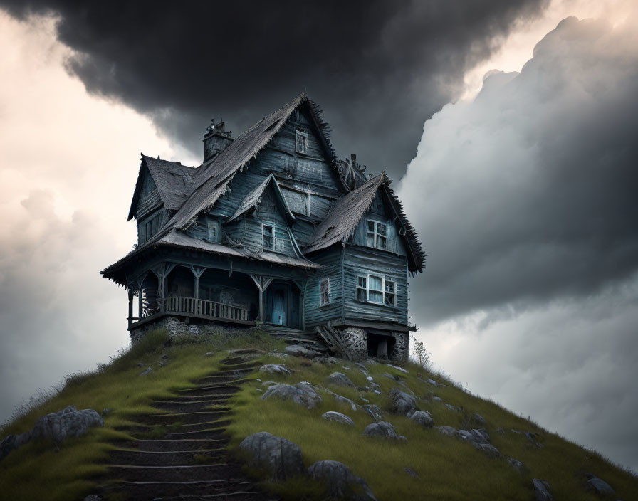 Eerie wooden house on hill under stormy sky