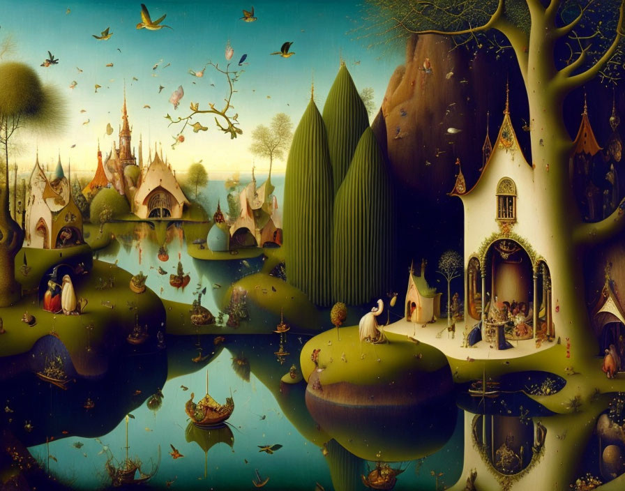 Whimsical surreal landscape with anthropomorphic trees and quirky characters