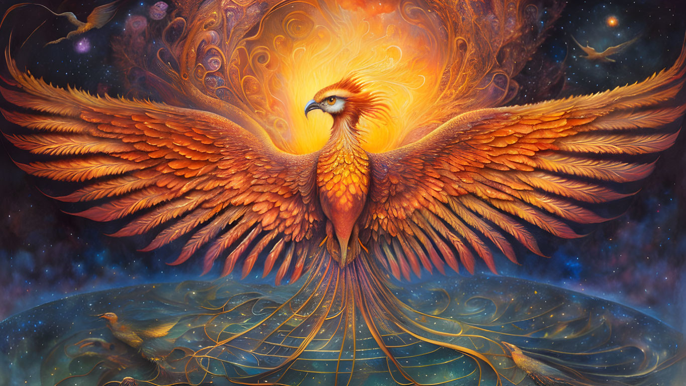 Vibrant orange and golden phoenix against cosmic backdrop