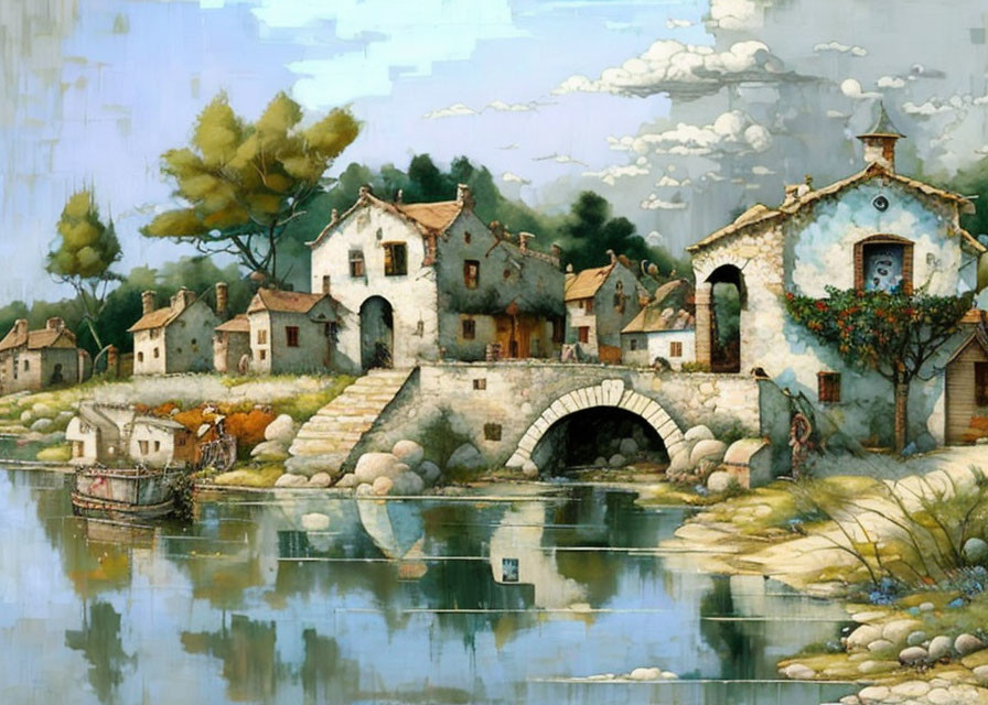 Scenic riverside village with stone houses, bridge, boat, and cloudy sky