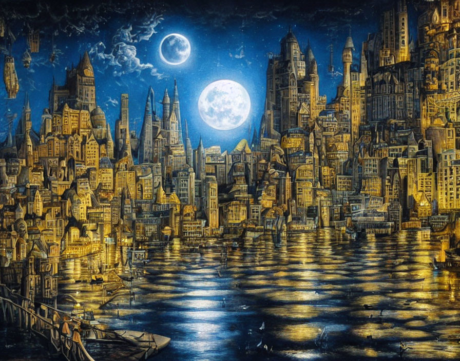 Nighttime cityscape with full moon, illuminated buildings, water reflections, and floating airships
