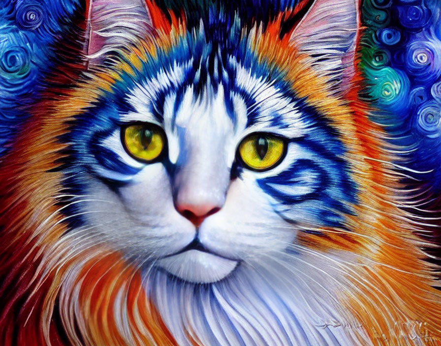 Vibrant cat painting with yellow eyes and swirling patterns