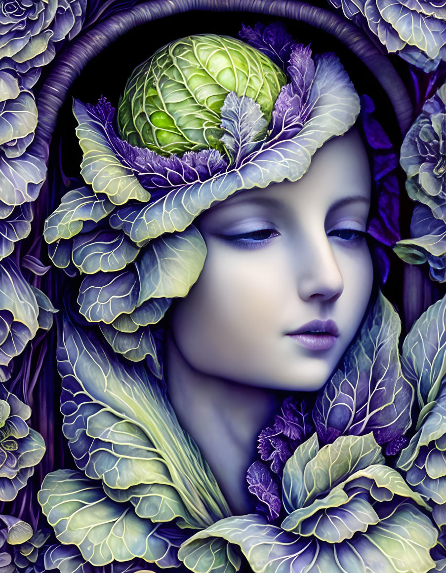 Stylized portrait blending woman's face with cabbage and leafy motifs in rich purples and