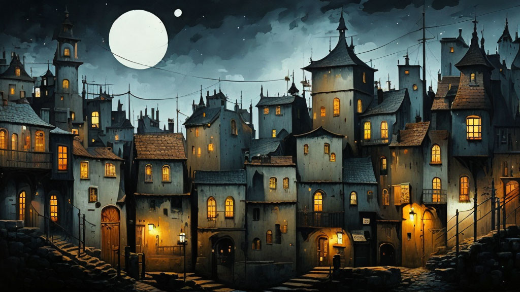 Whimsical village night scene with quirky houses and large moon