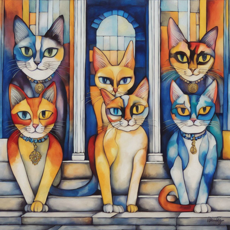 Vibrant painting of four cats with human-like eyes and jewelry, by a window with crescent