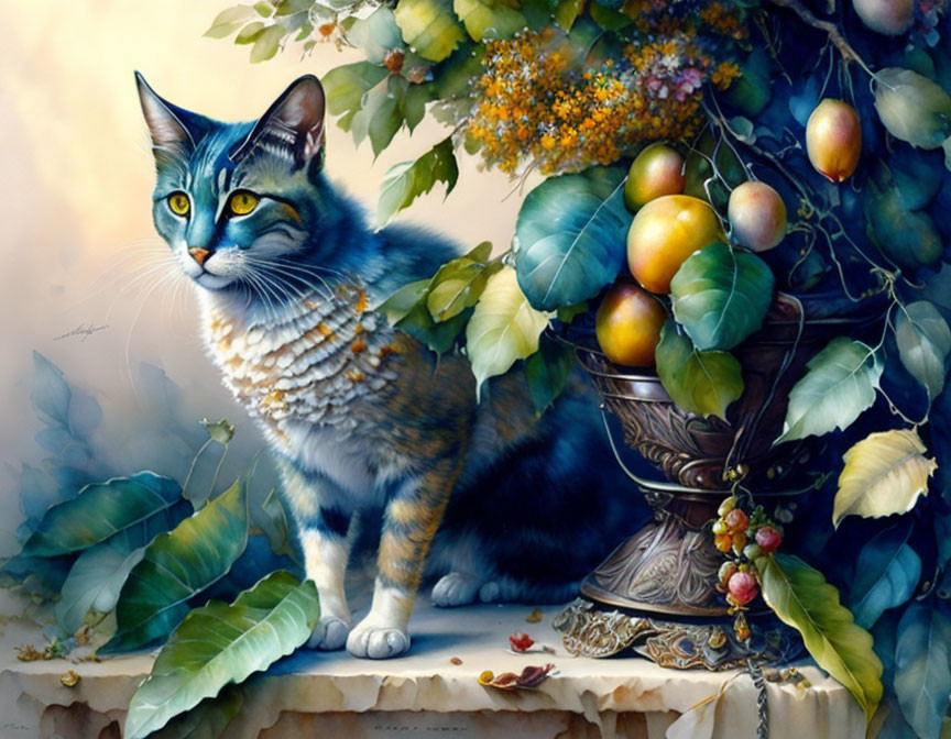 Realistic painting of tabby cat with blue eyes near fruit bowl and greenery