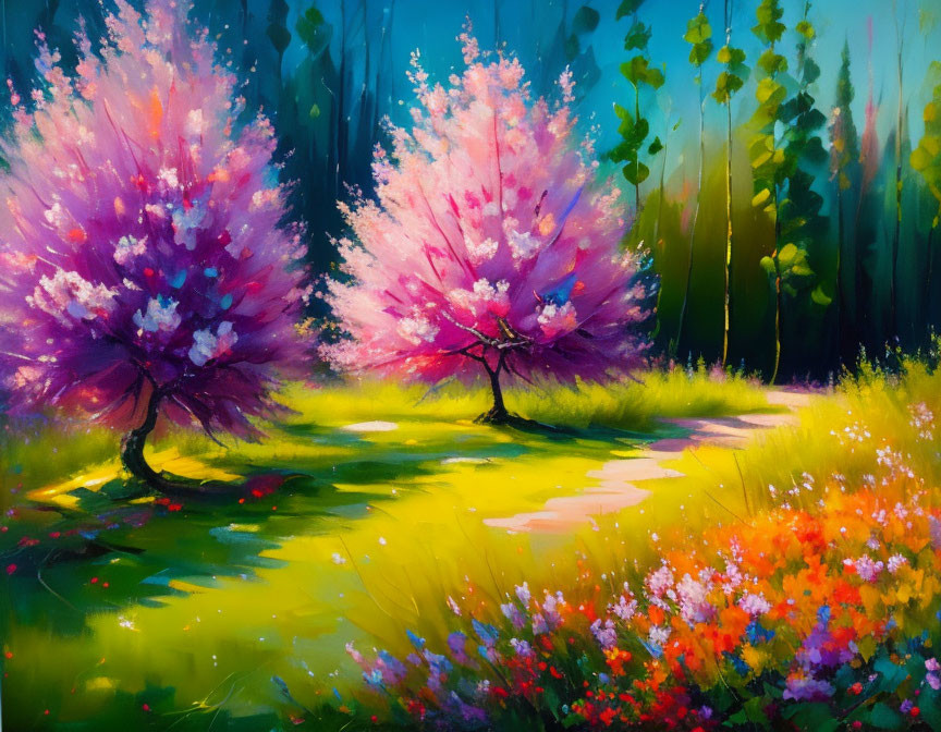 Colorful Blooming Trees Painting in Lush Meadow with Forest Backdrop