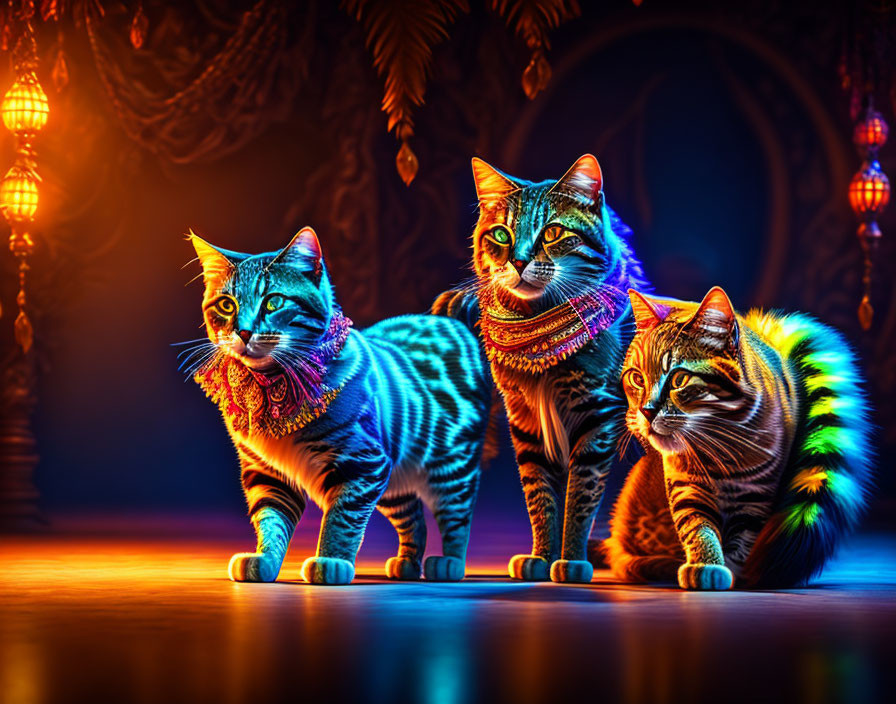 Colorful Neon-Lit Cats with Beaded Necklaces on Stage