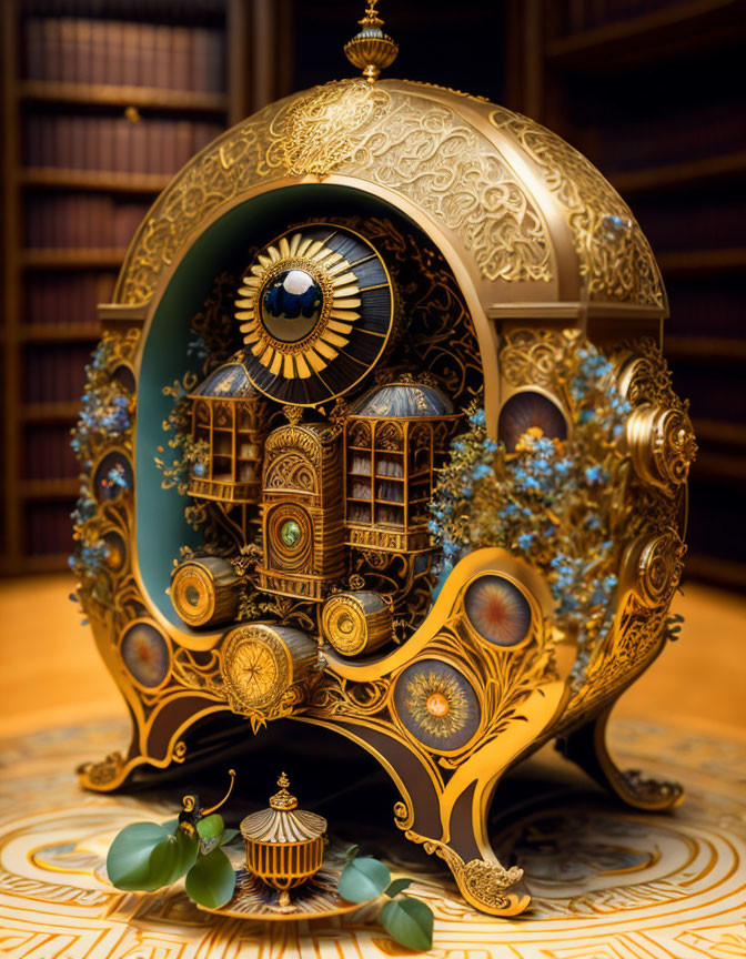 Intricate Gold Egg-Shaped Object with Clock in Library Setting