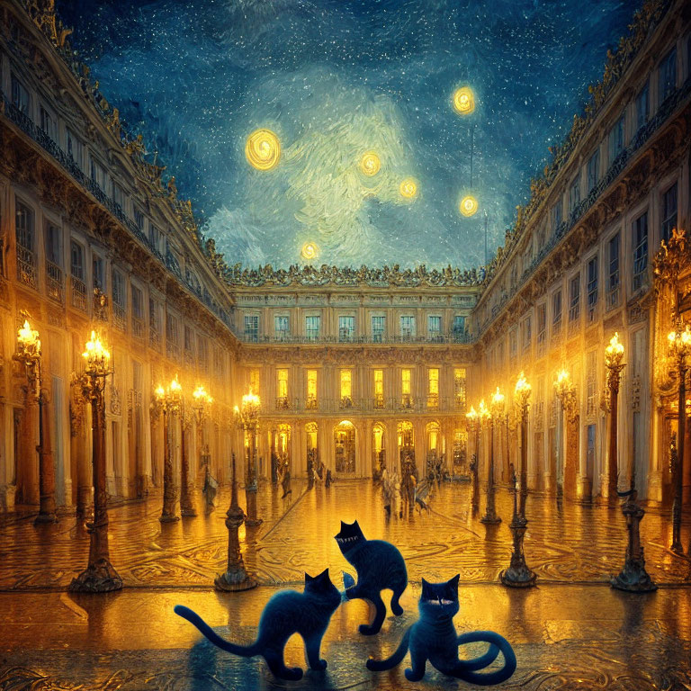 Silhouetted cats in ornate, starry hall scene