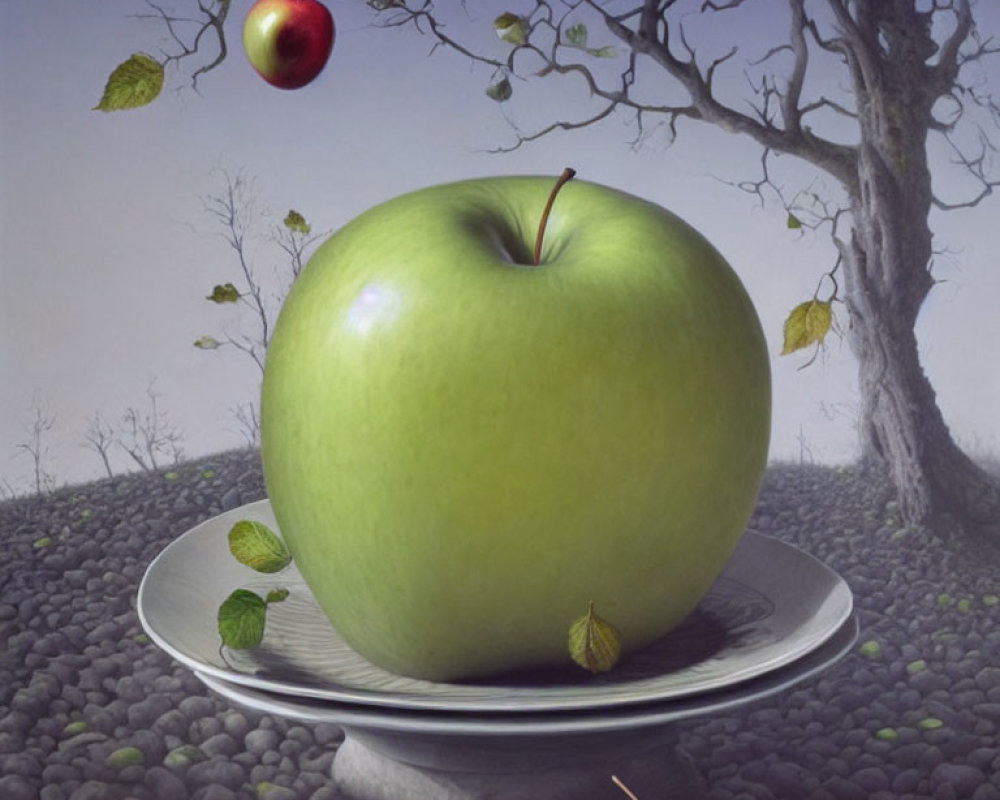 Hyperrealistic Painting of Large Green Apple on Plate with Pebble Surface and Floating Red Apple Tree