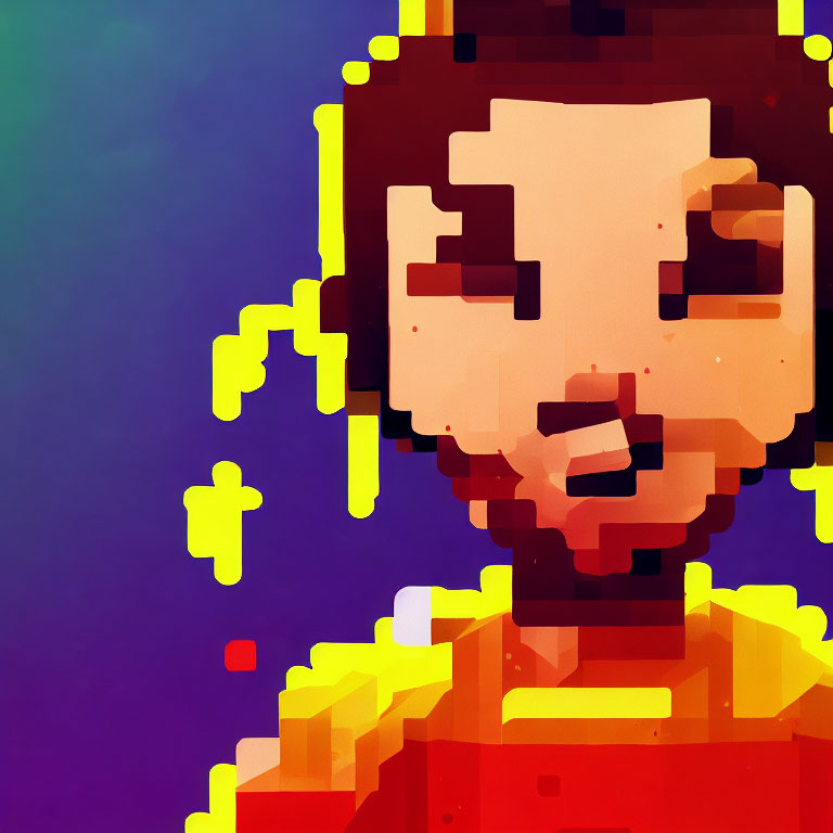 Stylized pixel art portrait with brown hair and prominent eyes