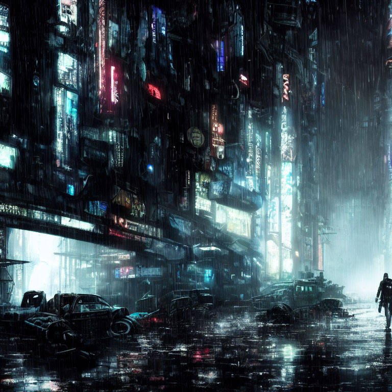 Solitary figure in neon-lit, rain-drenched futuristic cityscape