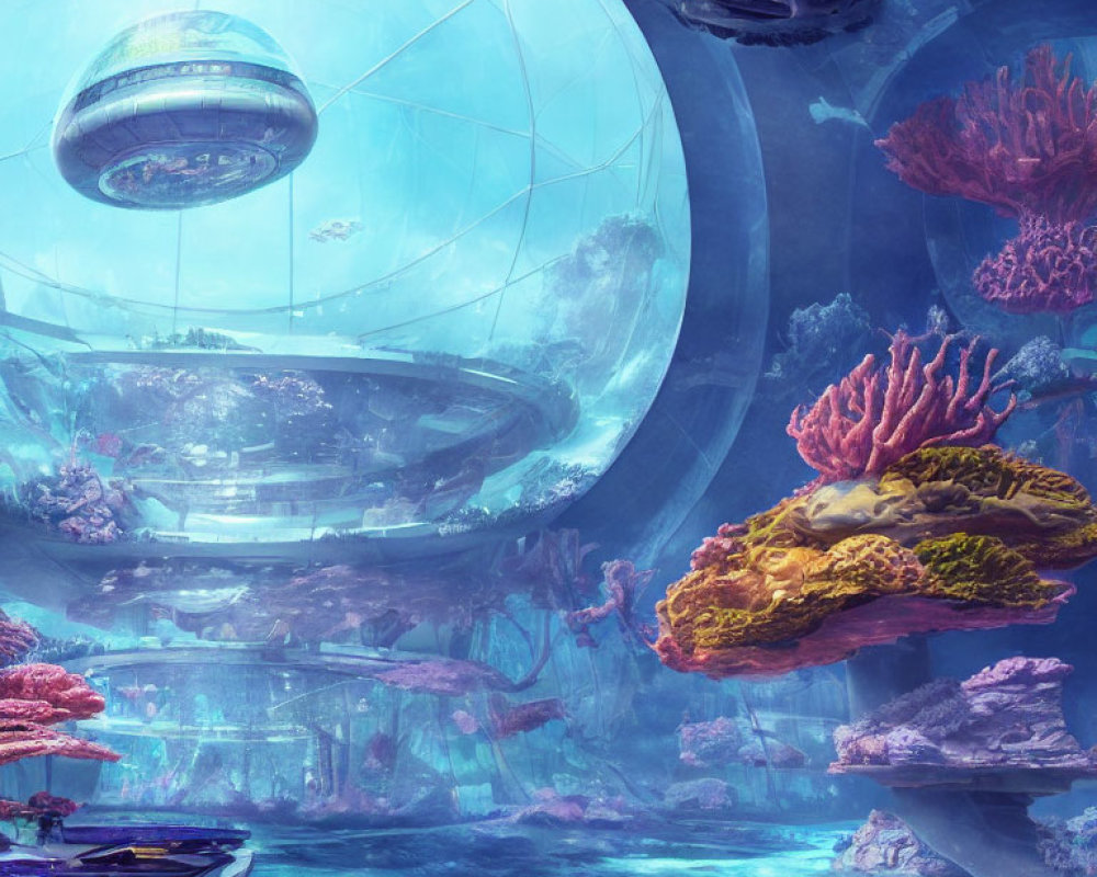 Futuristic underwater city with vibrant coral reefs and aquatic fauna