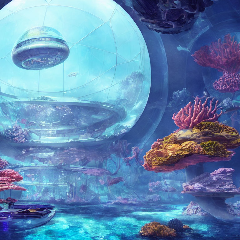 Futuristic underwater city with vibrant coral reefs and aquatic fauna