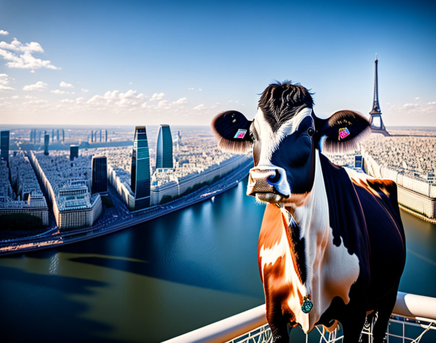 Digitally manipulated image: Cow over Paris landmarks