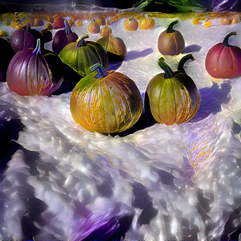 A pumpkin field on a snowy mountain