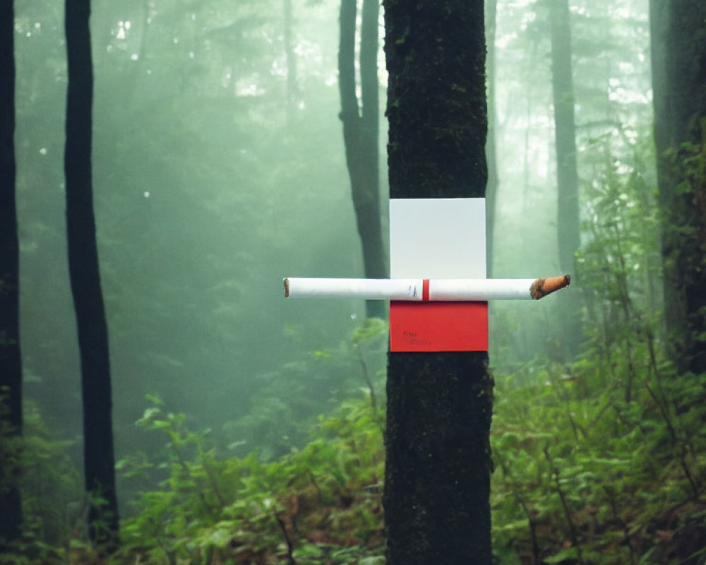 Cigarette forming "no smoking" sign on misty forest tree