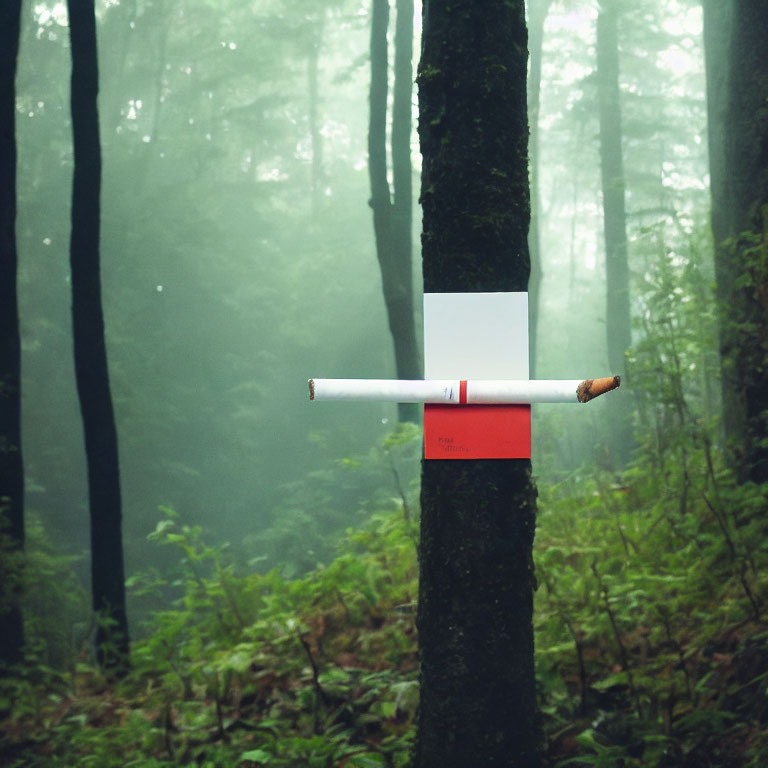 Cigarette forming "no smoking" sign on misty forest tree