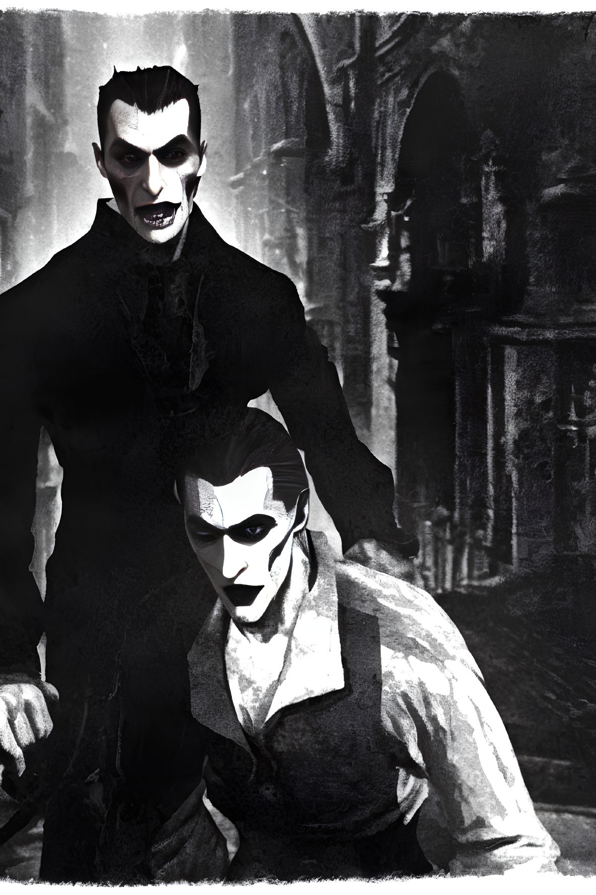 Illustrated vampires with sharp fangs in gothic setting