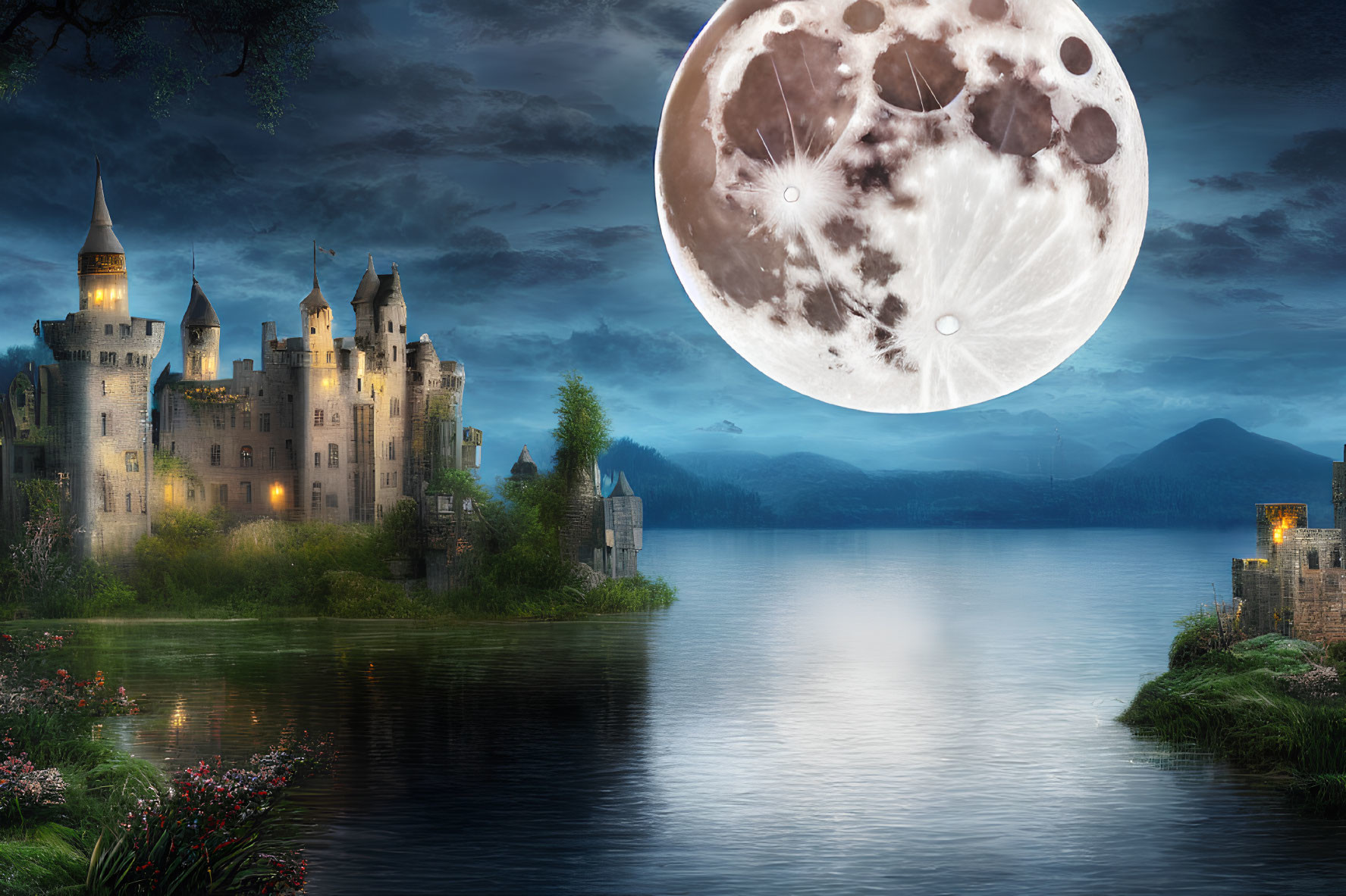 Majestic castle by tranquil lake at dusk with detailed moon.