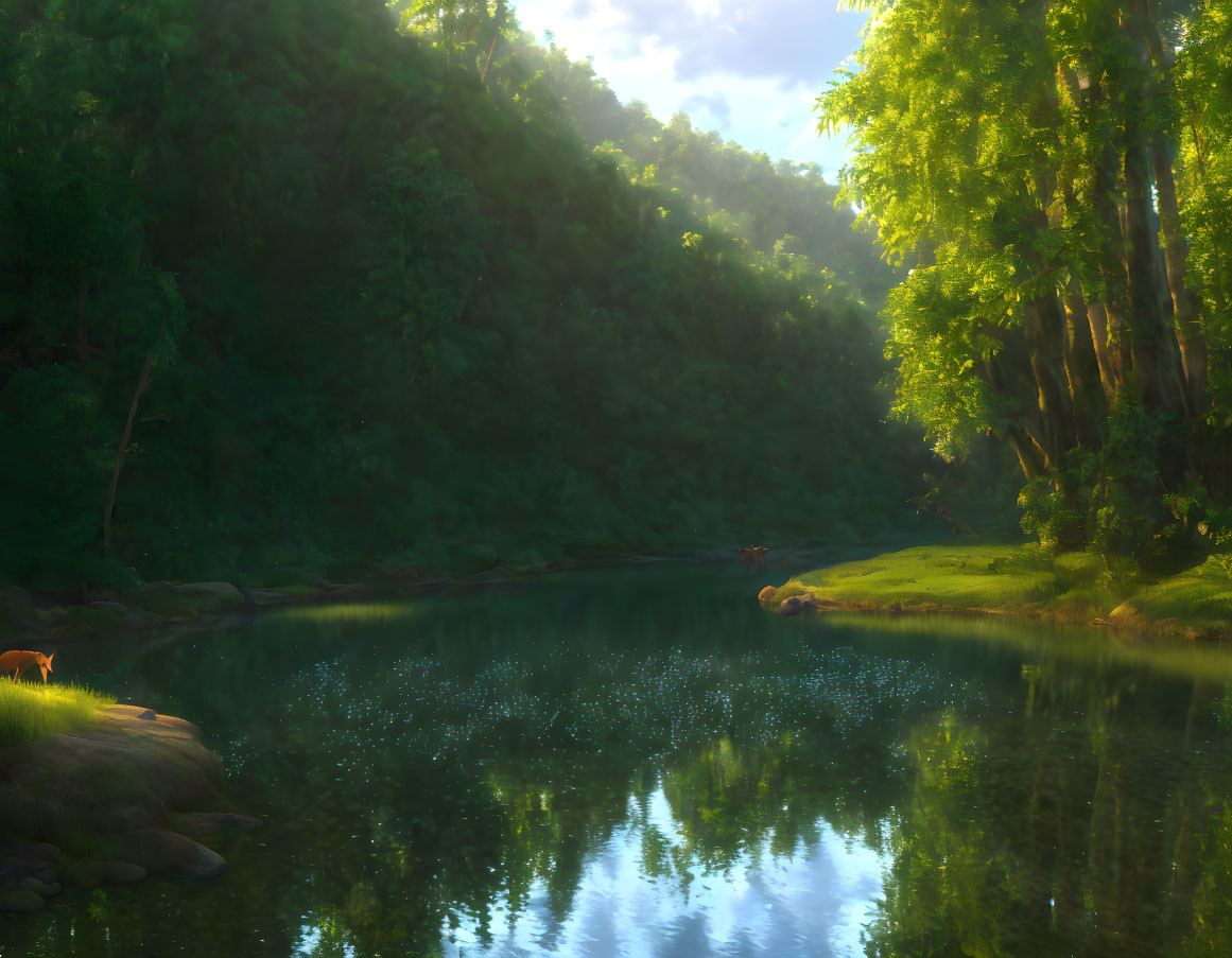 Tranquil Forest Landscape: Sparkling River, Greenery, Sunlight