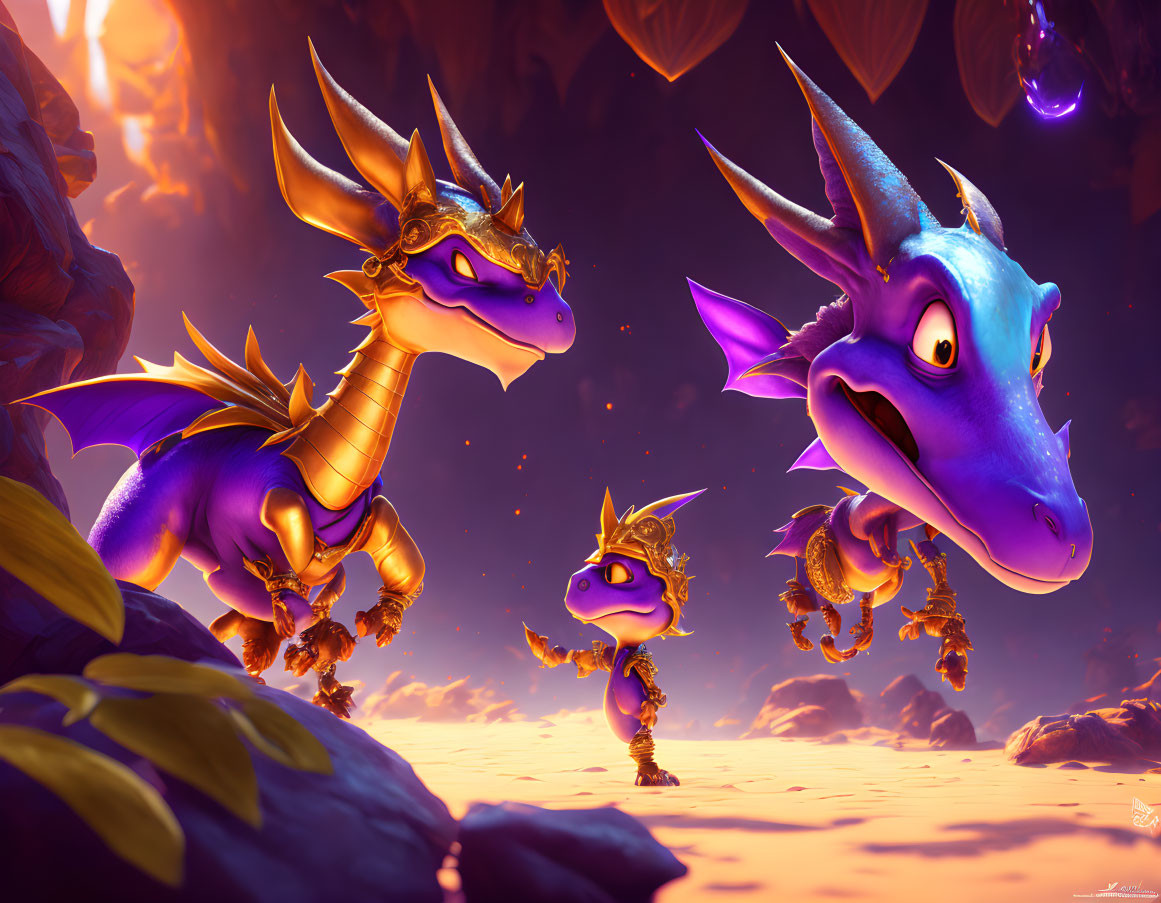 Vibrant dragons in glowing fantasy landscape