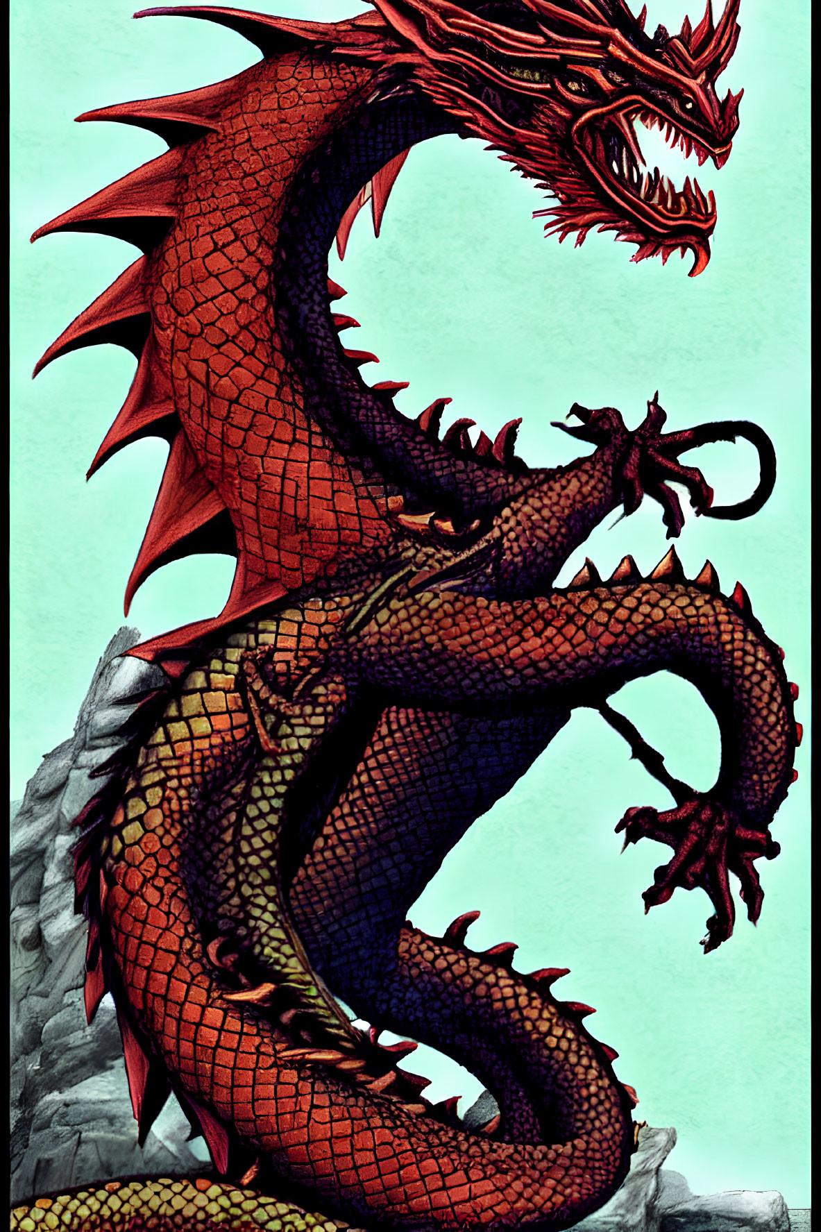 Detailed red dragon illustration with vibrant scales and sharp claws