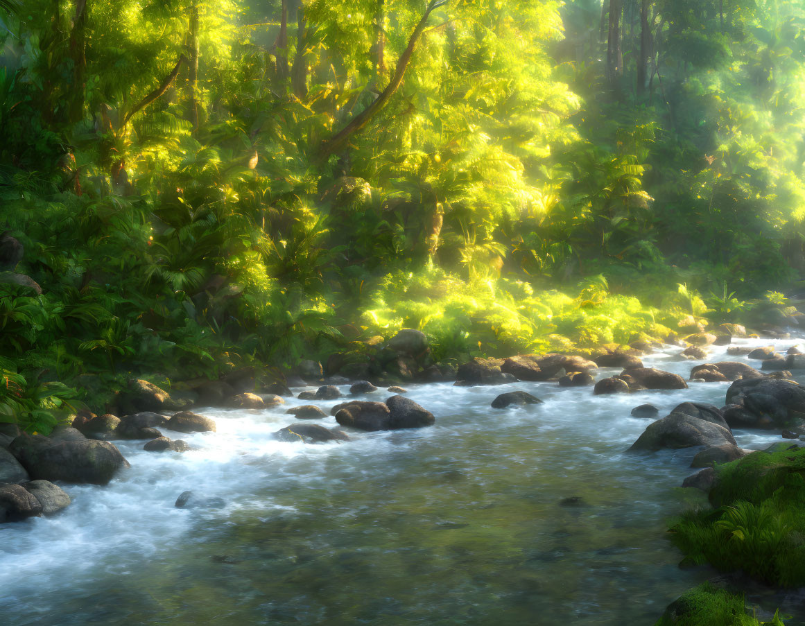 Serene rocky creek in misty forest with sunlight filtering through greenery