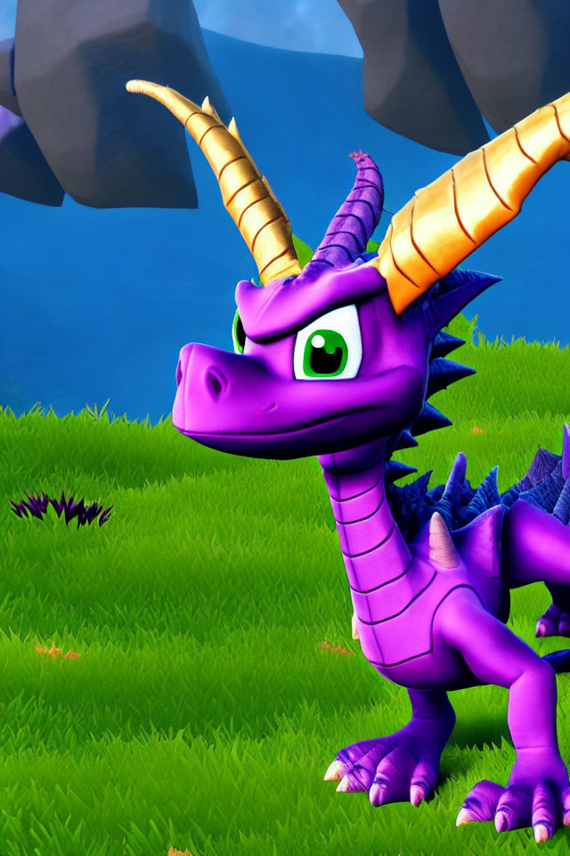 Animated purple dragon character with green eyes on vibrant background