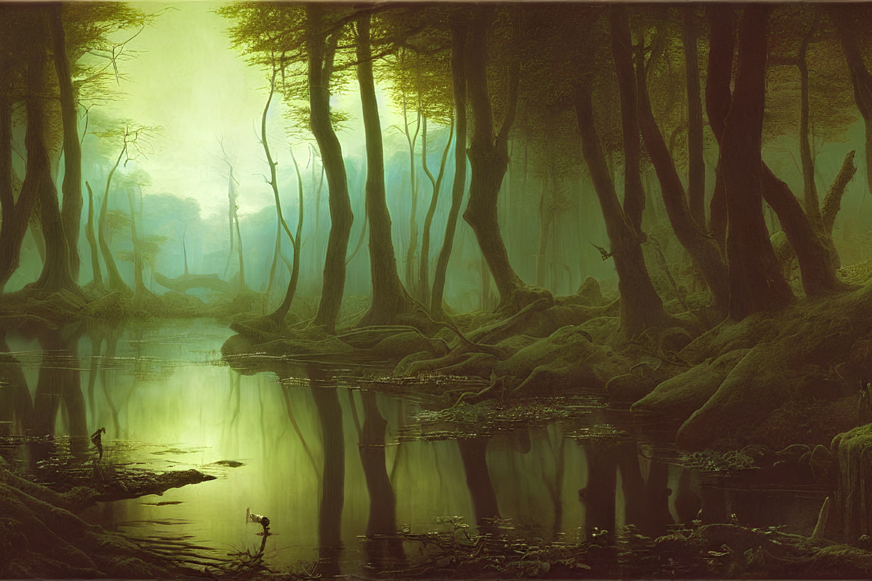 Tranquil forest with towering trees and serene river