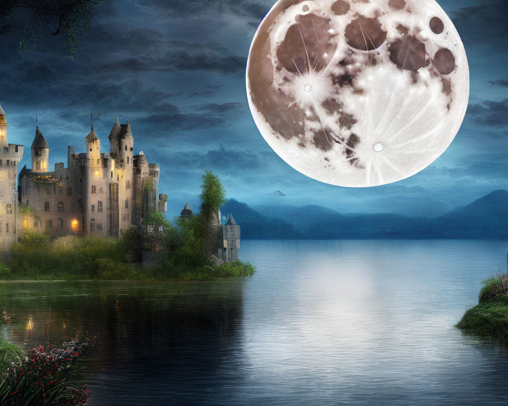 Majestic castle by tranquil lake at dusk with detailed moon.