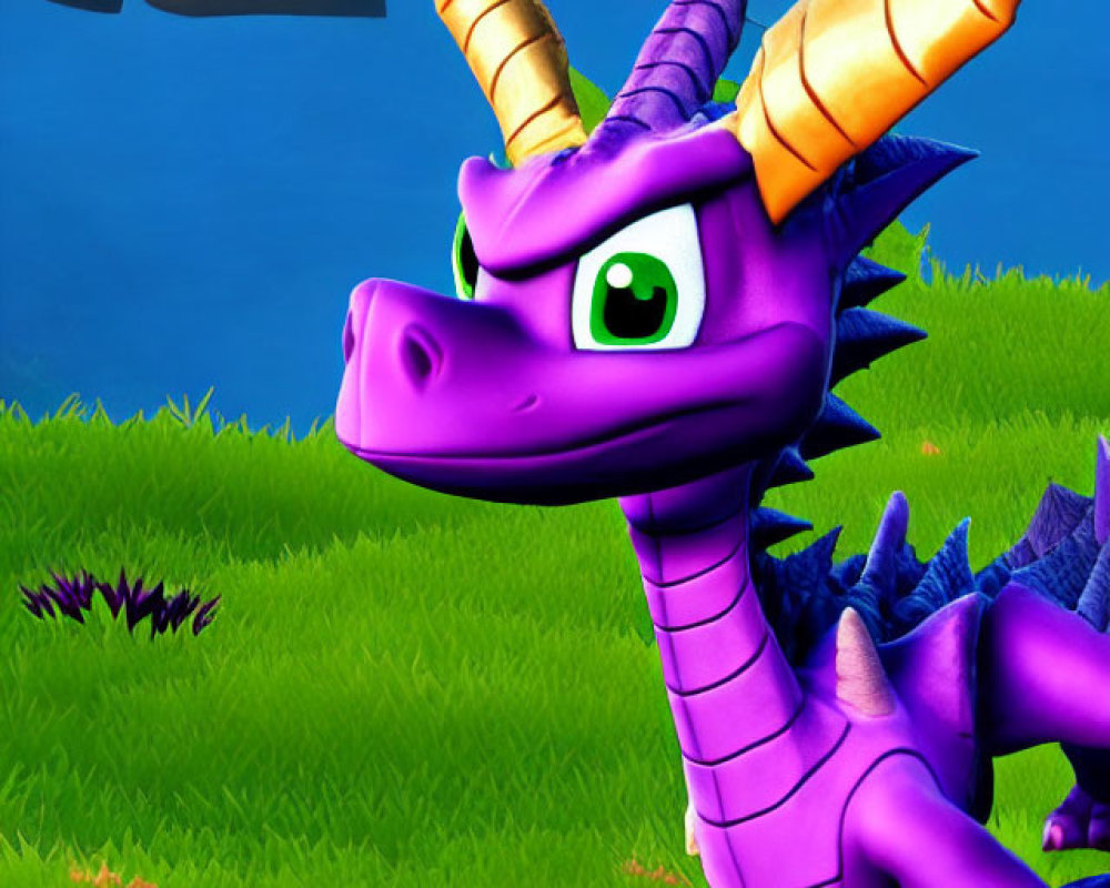 Animated purple dragon character with green eyes on vibrant background