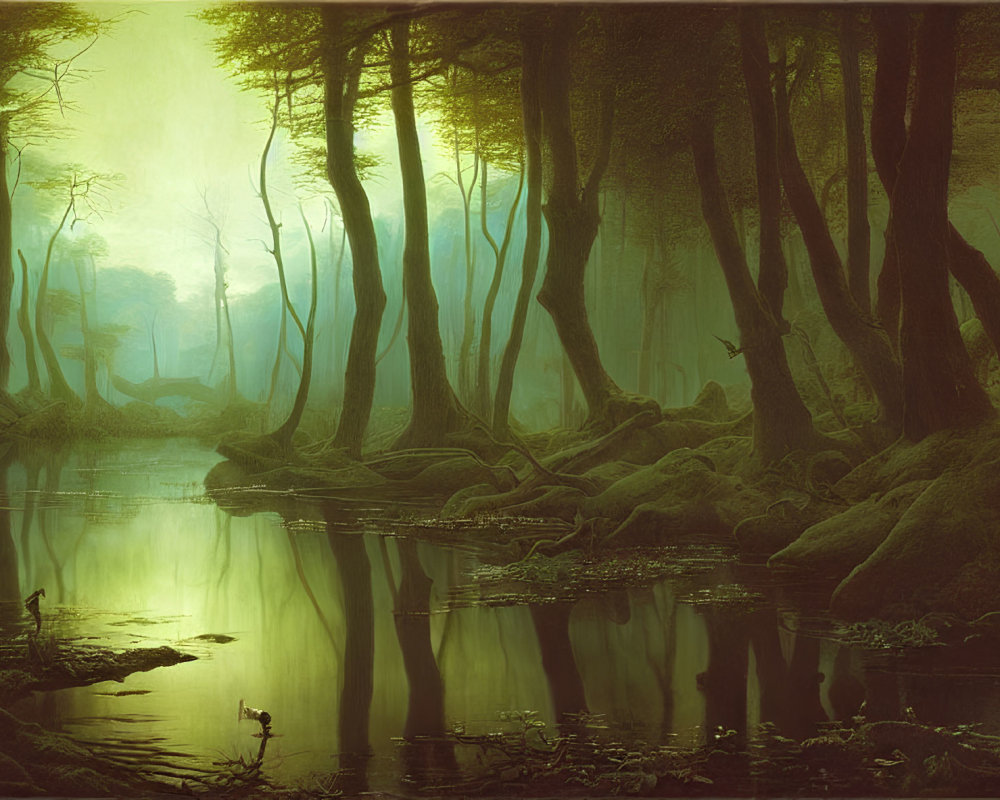 Tranquil forest with towering trees and serene river