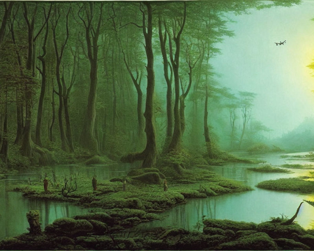 Tranquil Forest Scene with Misty River and Flying Bird