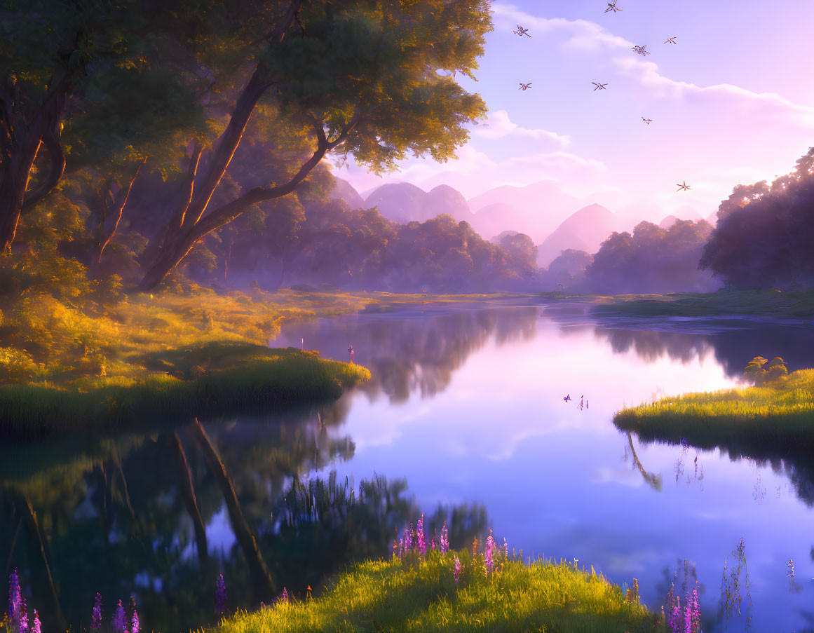 Tranquil landscape with river, trees, wildflowers, and pink sky