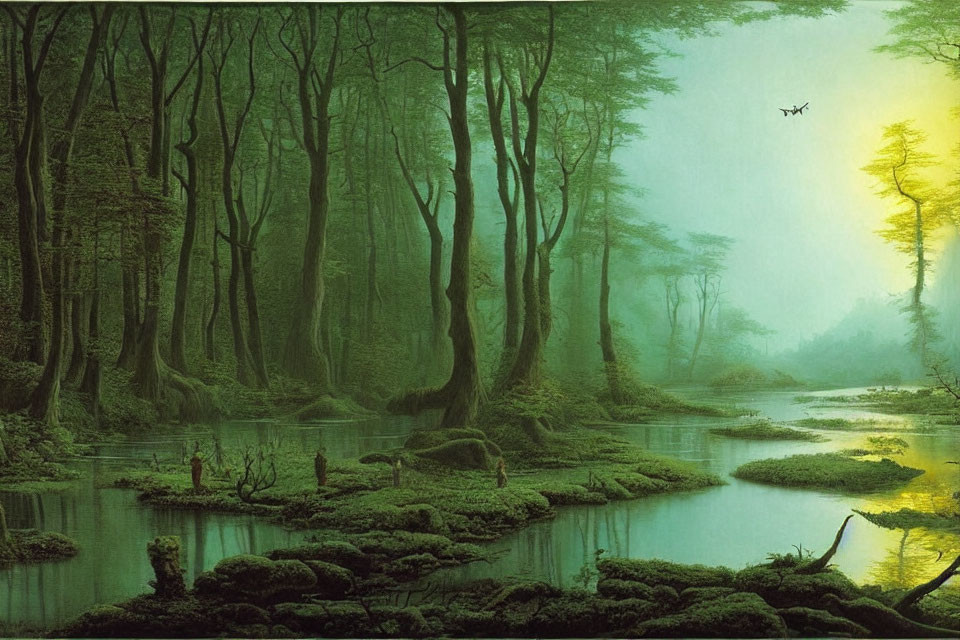 Tranquil Forest Scene with Misty River and Flying Bird