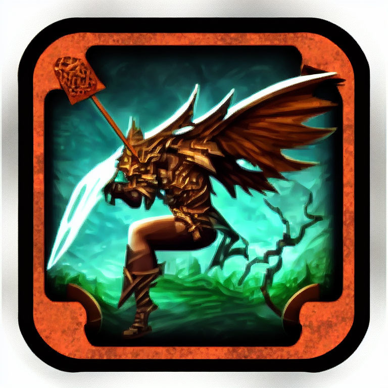 Armored winged character with glowing sword and shield in stylized frame