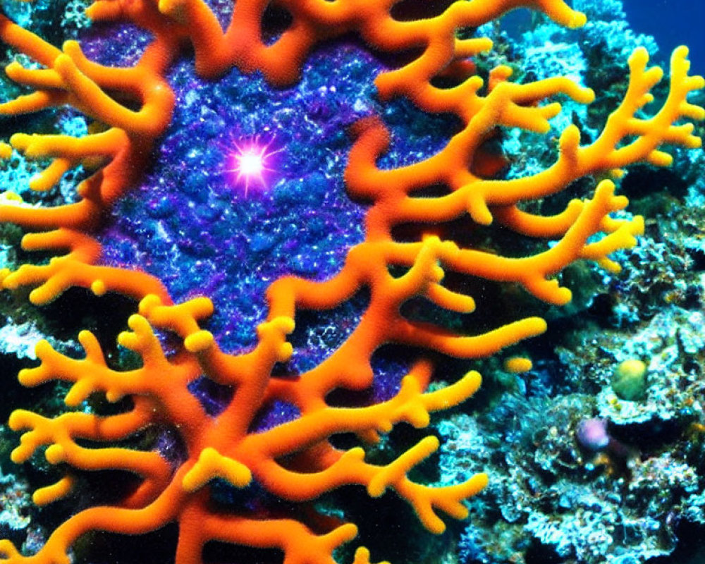 Detailed Vibrant Orange Coral Against Blue Center on Dark Underwater Background